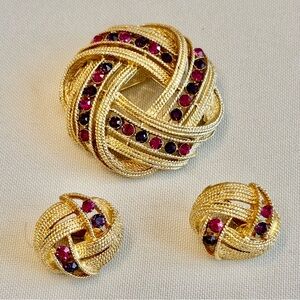 Elegant Gold, Fuscia, and Purple Brooch and Clip on Earrings